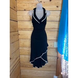 Vintage Black White Halter High Low Ruffle Dress Made in USA Cocktail Small Retr
